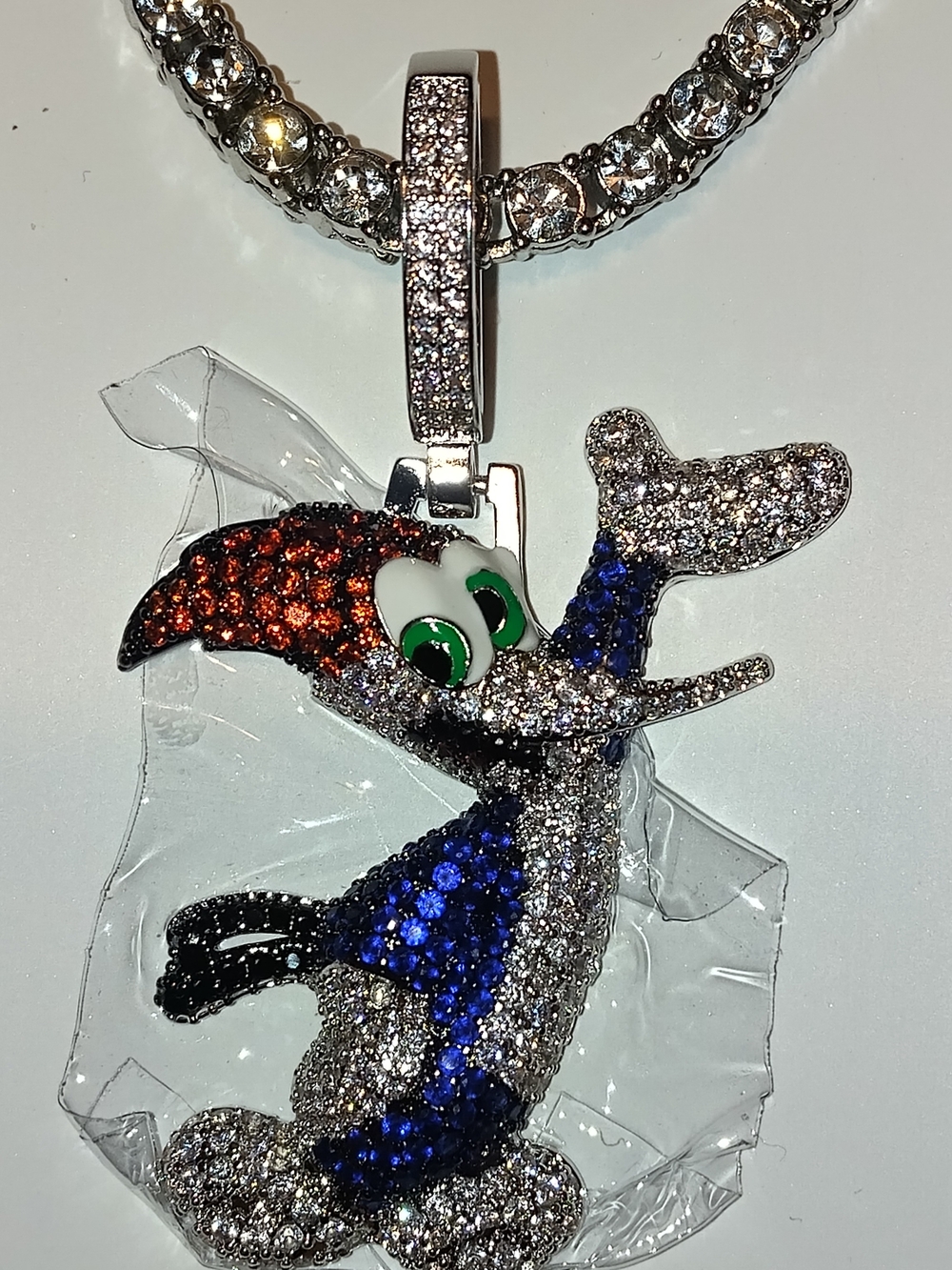 Silver Plated Cartoon Woodpecker CZ Pendant 20" Tennis Necklace